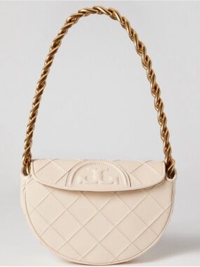 Tory Burch Mini Fleming Crescent Off-White Quilted Leather Bag with Gold Chain